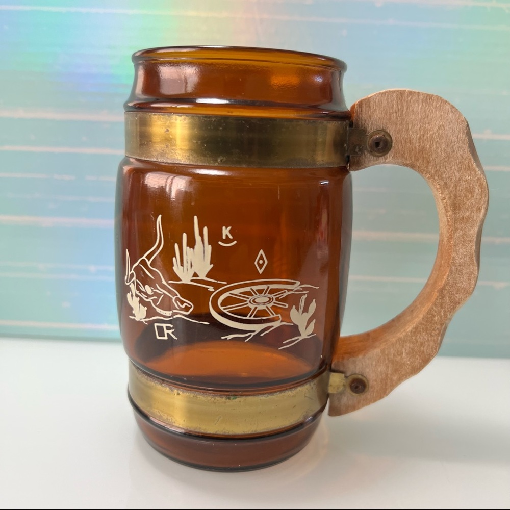 Vintage 1970 Western Siesta Ware Wood Handled Beer Mug Saddle Stirrups H…